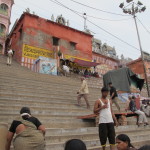 Pilgrims ascend to temple at Kedara Ghat