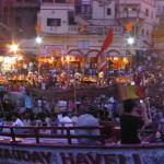Pilgrims and onlookers gather for evening's aarti ceremony, Varanasi