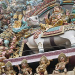 Divine family, Shiva and Parvati atop Nandi, with sons Ganesha and Murugan
