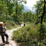 Descending the stone steps