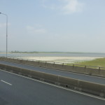 On the 6 km rail-and-car bridge crossing the Jamuna