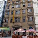 Cafe culture and sgraffitoed building, Svoboda Square